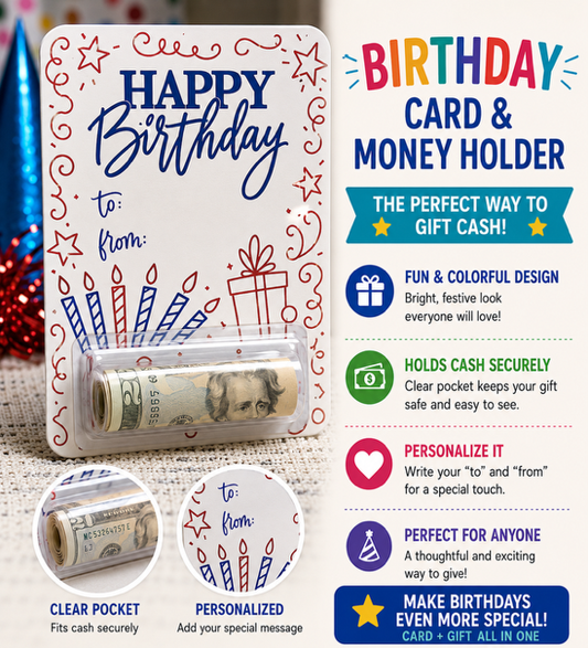 Happy Birthday-Candles, Stars & Present Card/Money Holder